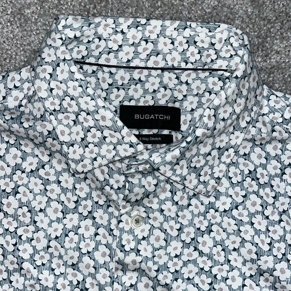 Bugatchi Blue Camouflage Flower Print Cotton Stretch SS Summer Shirt XL Slim (L) - Picture 5 of 6